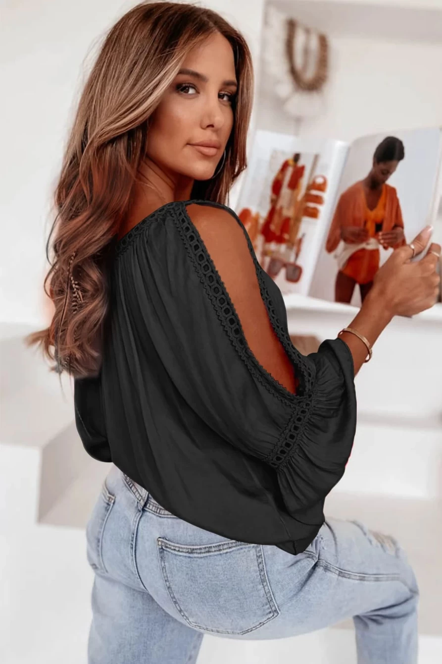 Shewin Women's Black Lace Crochet Cut-Out Blouse with Ruffle Sleeve Bracelet Detail