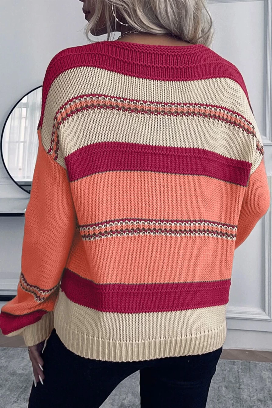 Shewin Women's Peach Blossom Striped V-Neck Knit Sweater
