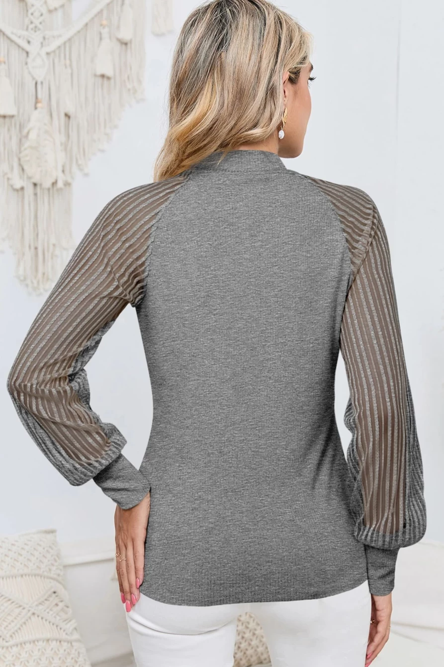 Shewin Women's Gray Striped Mesh Long Sleeve Crew Neck Top