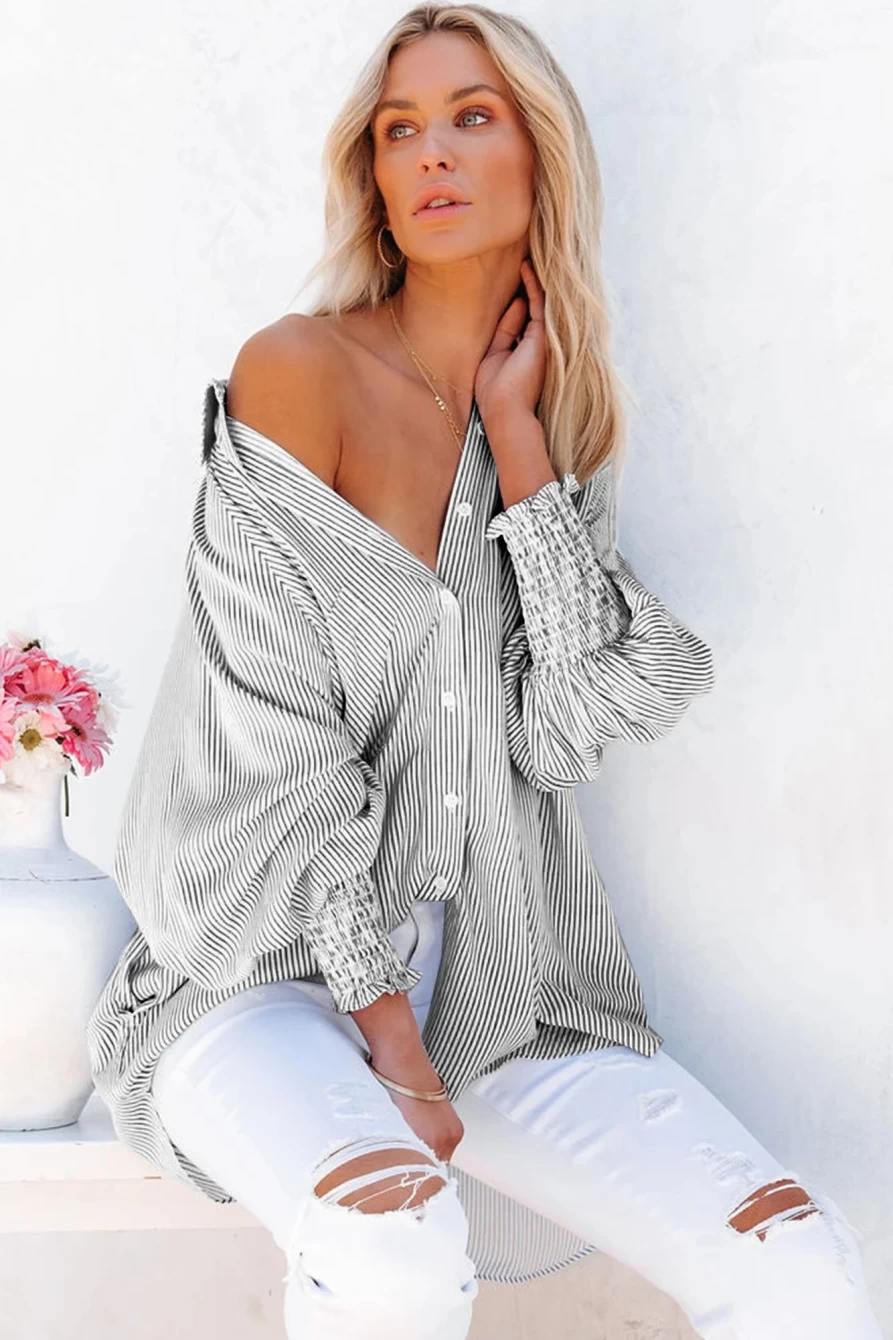 Shewin Women's Black Striped Casual Shirt with Shirred Cuffs
