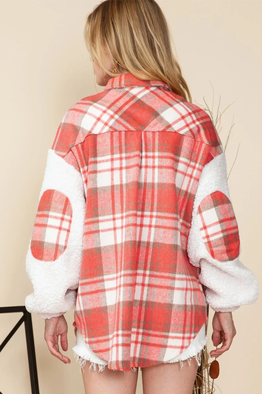 Women's Red Plaid Print Sherpa Lined Shacket by Shewin - Cozy Fleece Sleeve Jacket