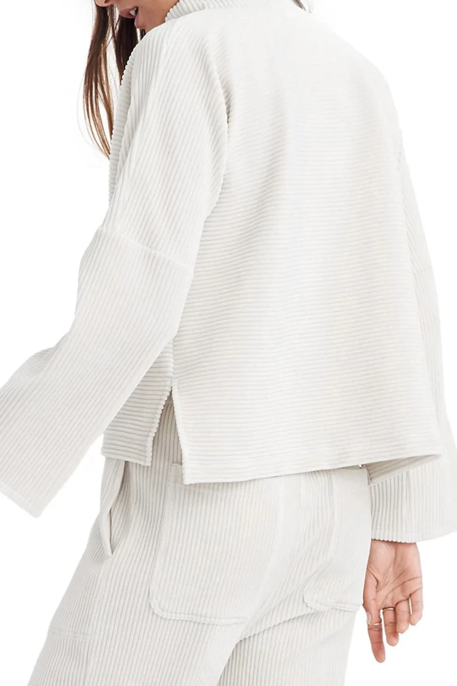 Shewin Women's Snow White Ribbed Mock Neck Drop Shoulder Top
