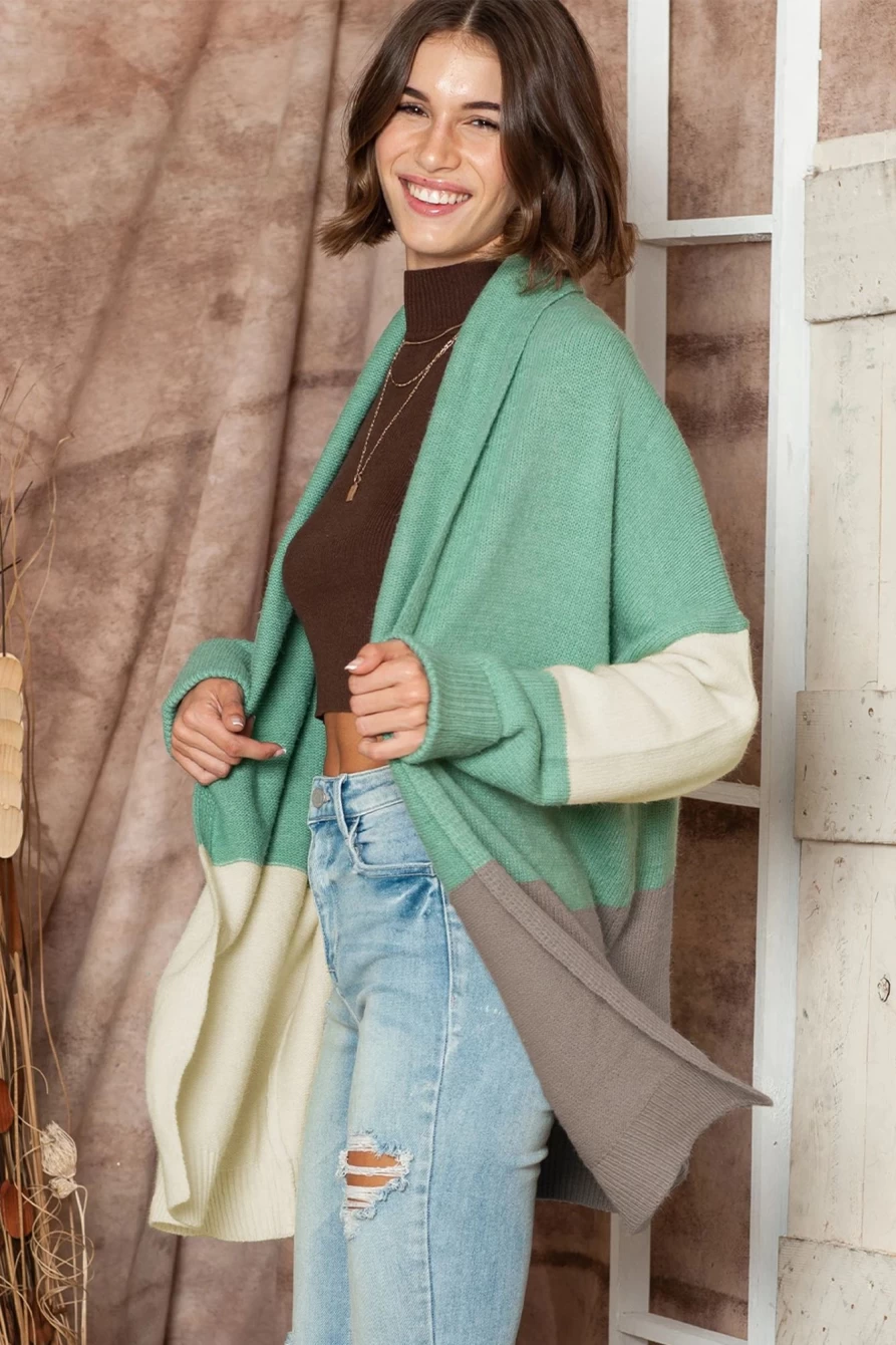 Women's Green Colorblock Draped Open Front Cardigan - Shewin