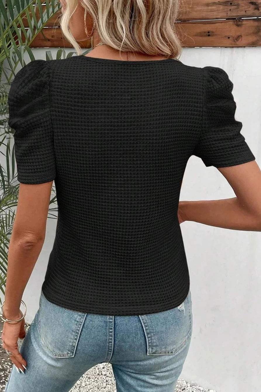 Shewin Women's Black Scoop Neck Waffle Knit Puff Sleeve T-Shirt