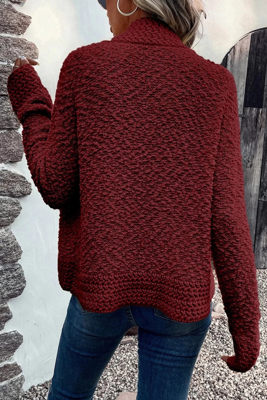 Women's Red Popcorn Knit Open Front Cardigan - Shewin Cozy Lace Trim Sweater