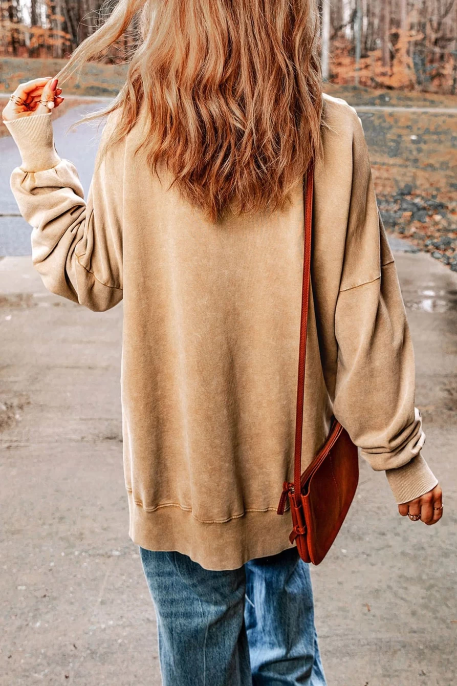 Shewin Women's Khaki Pumpkin Print Split Hem Graphic Sweatshirt for Fall