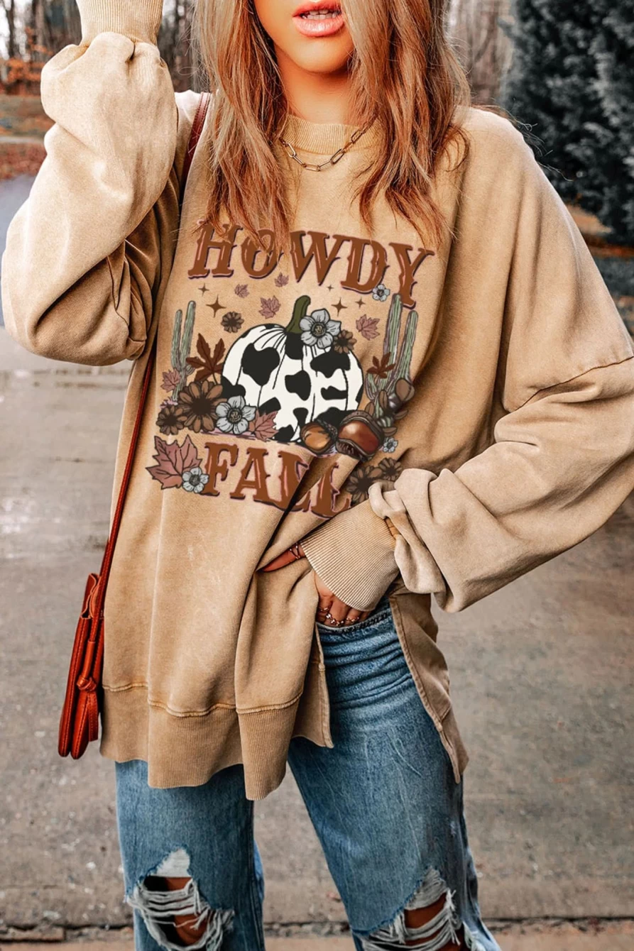Shewin Women's Khaki Pumpkin Print Split Hem Graphic Sweatshirt for Fall