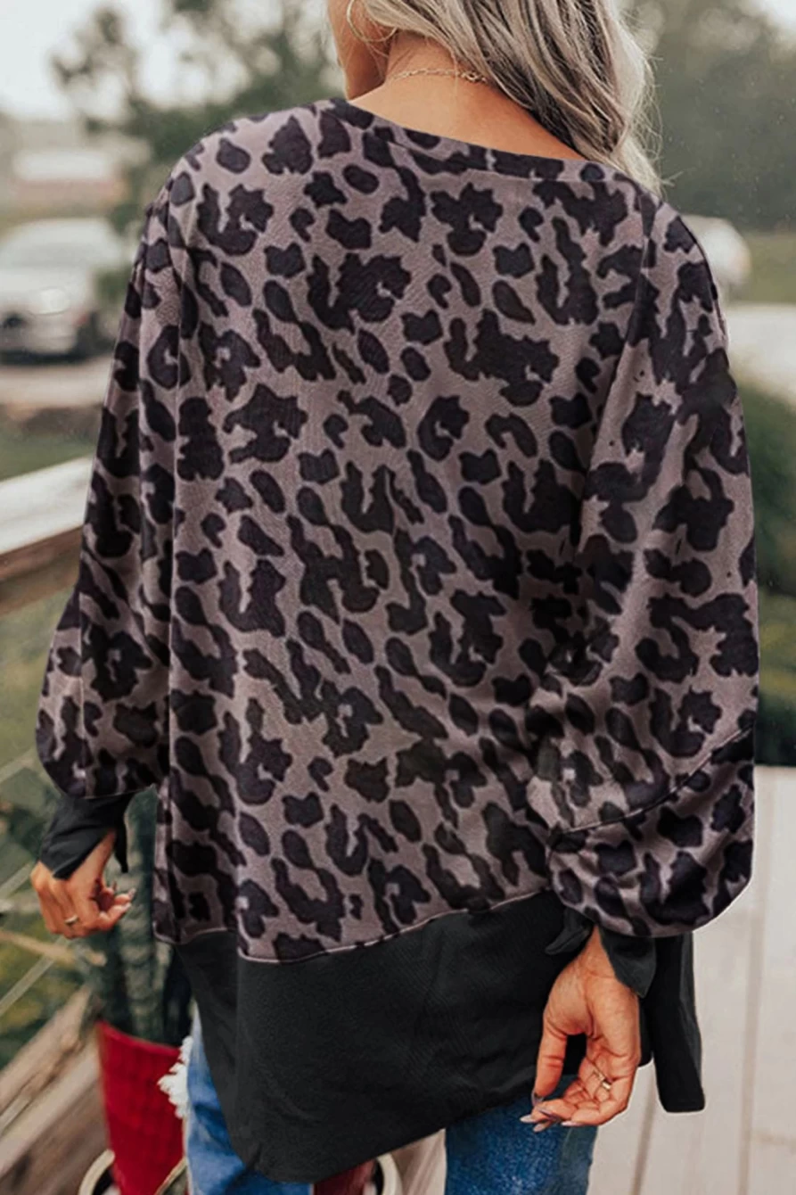 Shewin Women's Black Leopard Print Oversized Sweatshirt with Bishop Sleeves & Side Slits