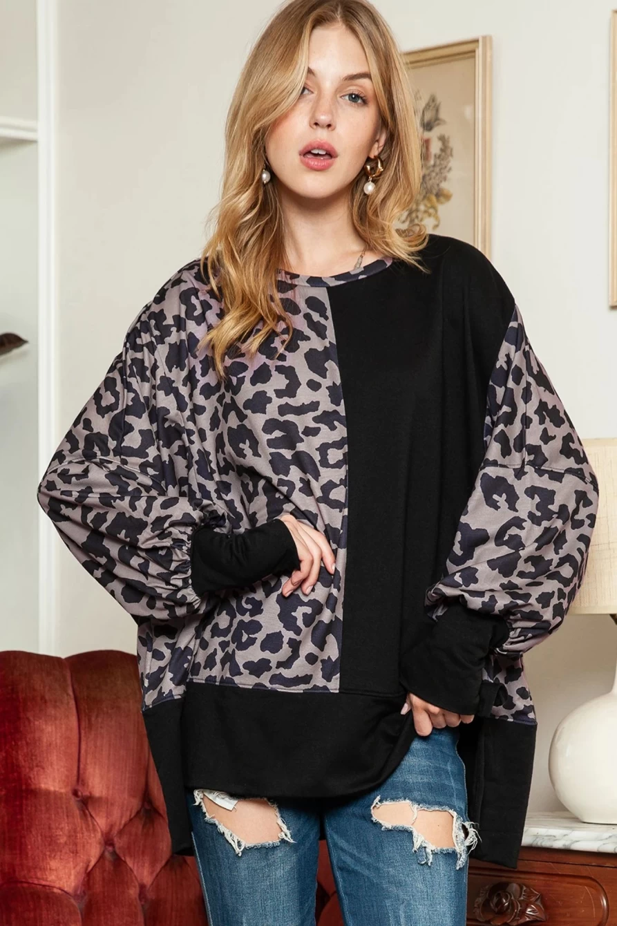 Shewin Women's Black Leopard Print Oversized Sweatshirt with Bishop Sleeves & Side Slits