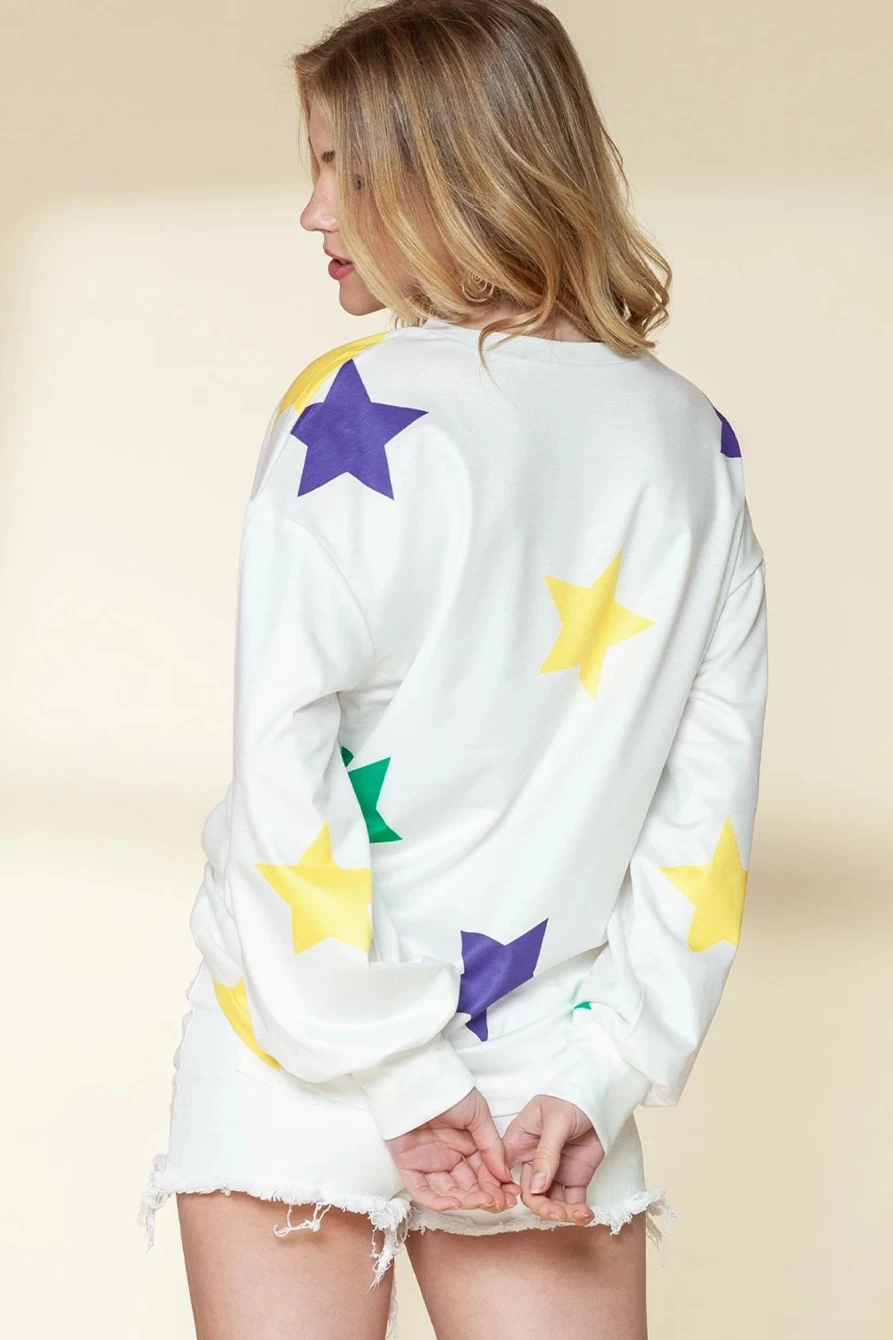 Shewin Women's White Mardi Gras Star Print Long Sleeve Tops for Festive Wear