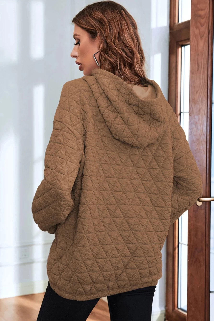 Shewin Women's Coffee Thermal Quilted Hoodie with Kangaroo Pocket