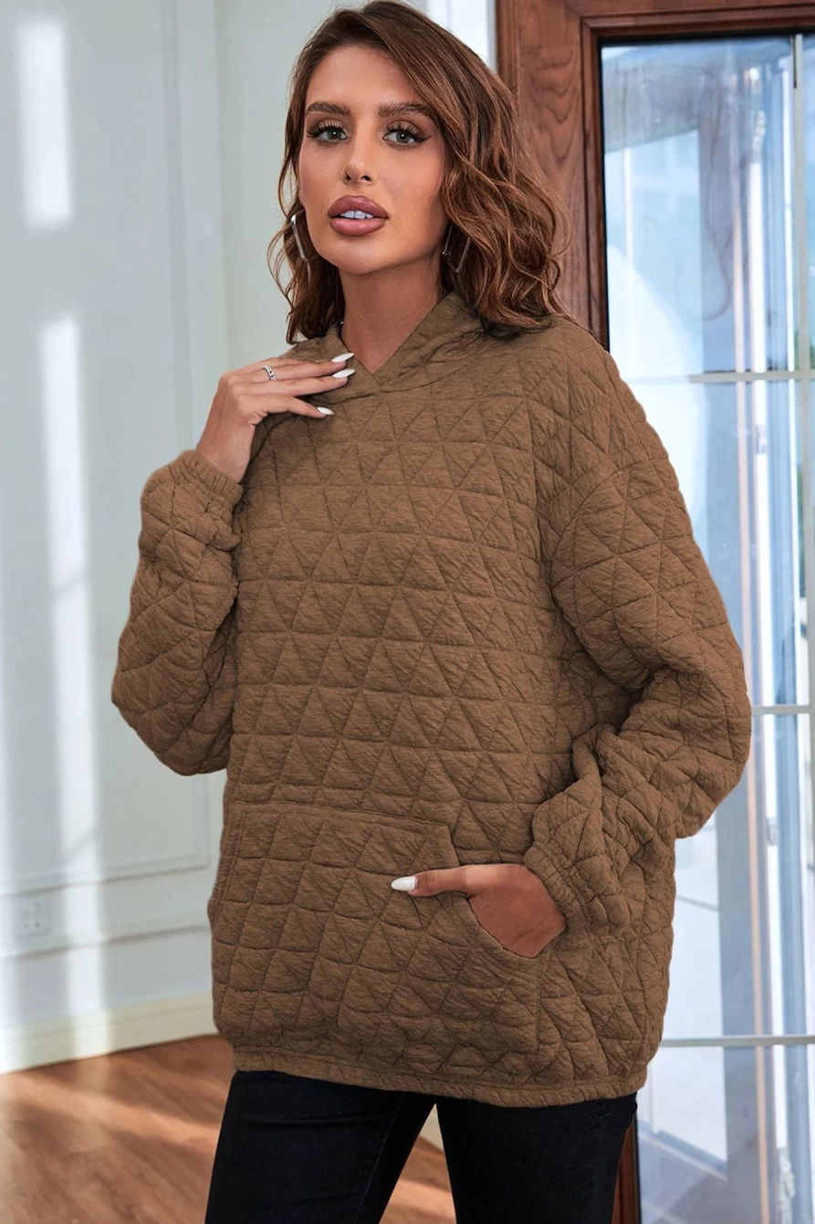 Shewin Women's Coffee Thermal Quilted Hoodie with Kangaroo Pocket
