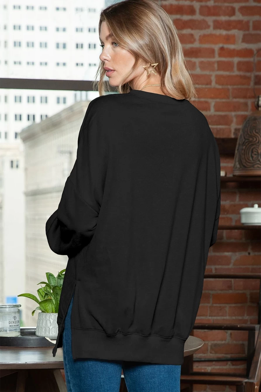 Shewin Women's Black Oversized Drop Shoulder Sweatshirt with Ribbed Trim - Plain Casual Pullover