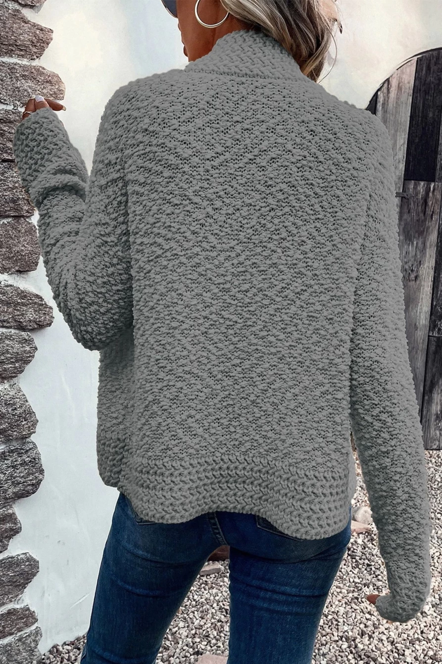 Shewin Women's Gray Popcorn Knit Open Front Cardigan Cozy Sweater