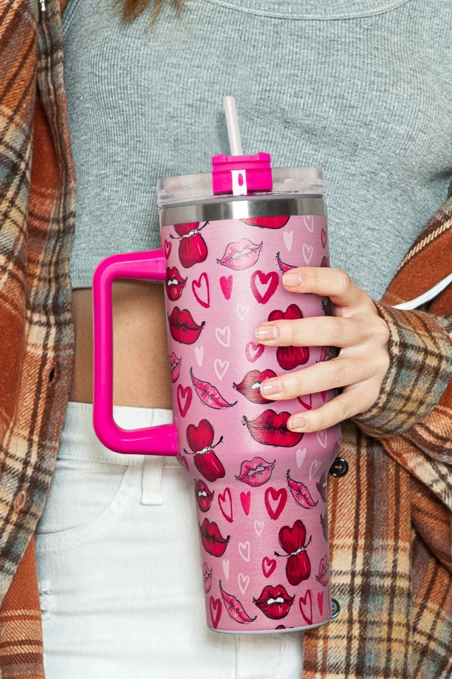 Shewin Rose Red Valentine's Day Thermos Cup for Women - Hearts and Kisses Design