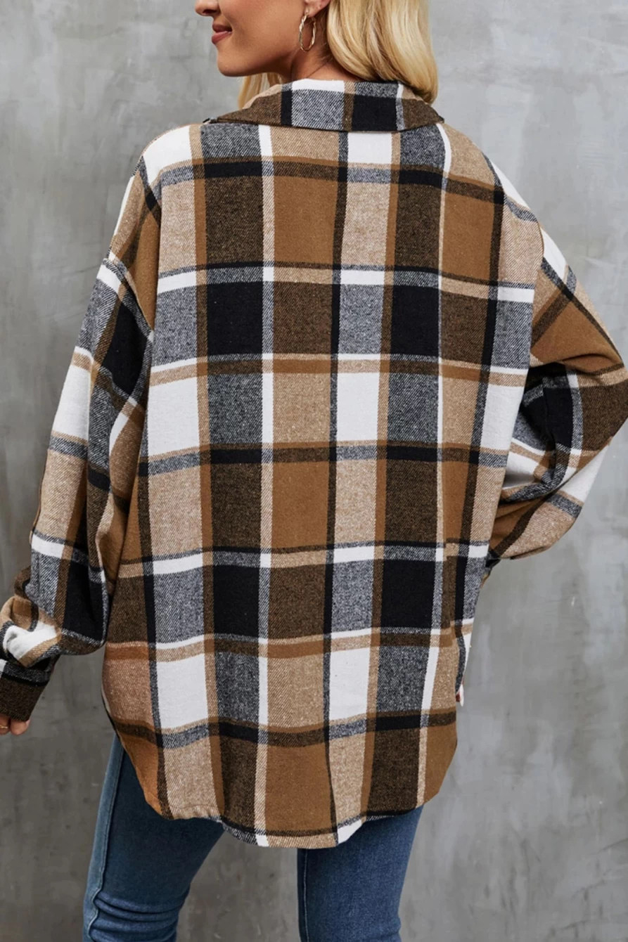Shewin Women's Chestnut Plaid Print Collared Tunic Jacket