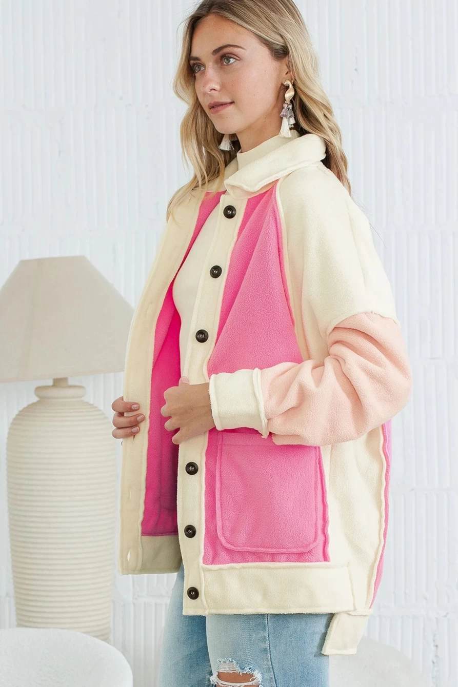 Shewin Women's Rose Color Block Patchwork High-Low Fleece Shacket Coat