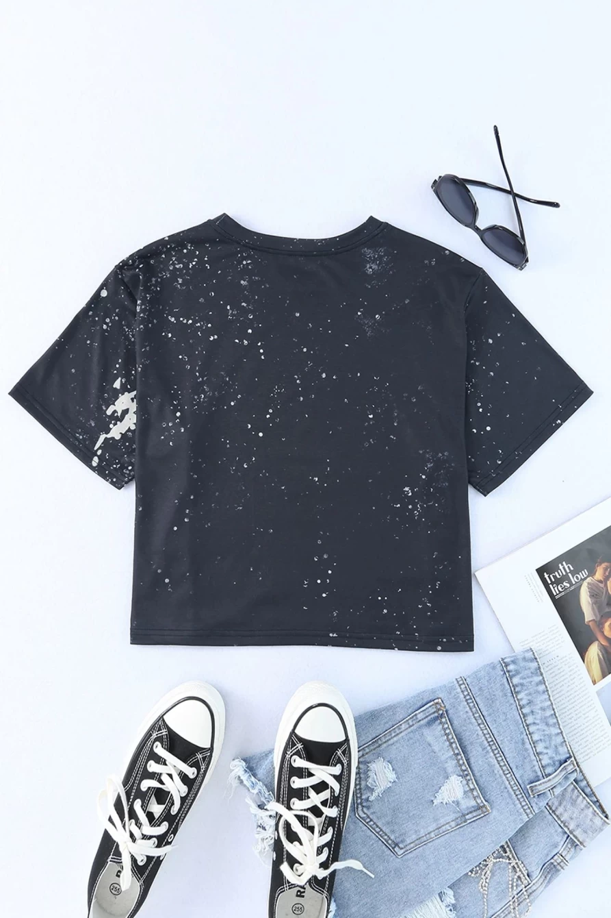 Shewin Women's Black Leopard Thunderbird Bleached Graphic Tee
