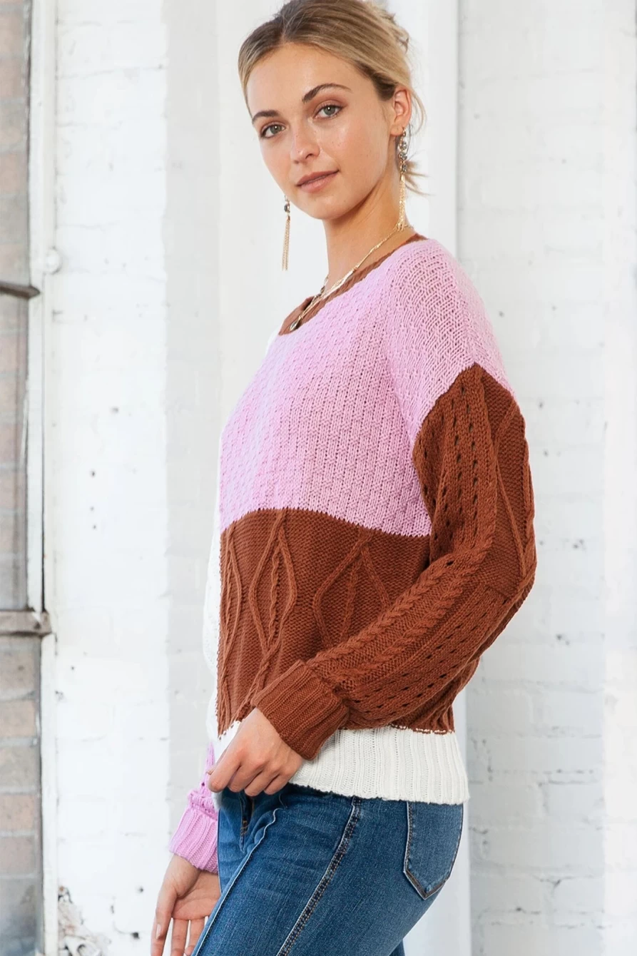 Shewin Women's Multicolor Knitted Pullover Sweater Long Sleeve Colorblock Top