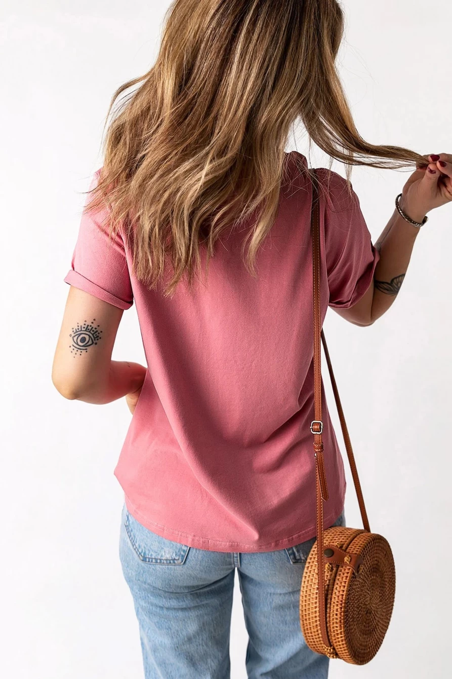 Shewin Women's Red Basic Short Sleeve T-Shirt with Frill Pocket
