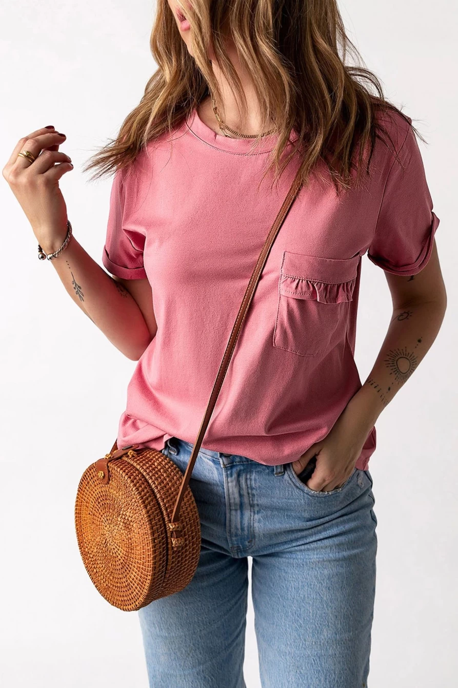 Shewin Women's Red Basic Short Sleeve T-Shirt with Frill Pocket