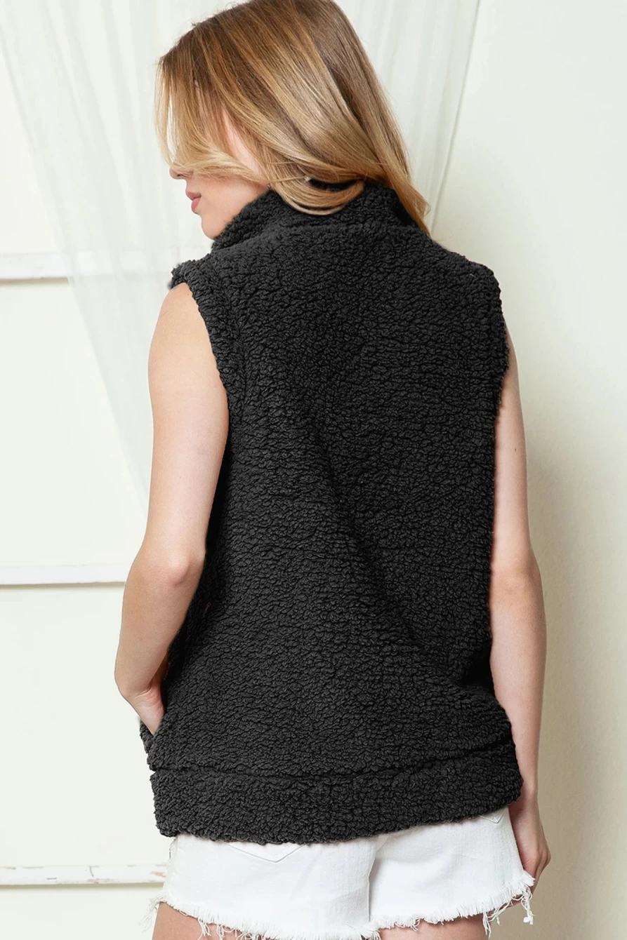 Women's Black Snap Button Collared Sherpa Vest Coat by Shewin