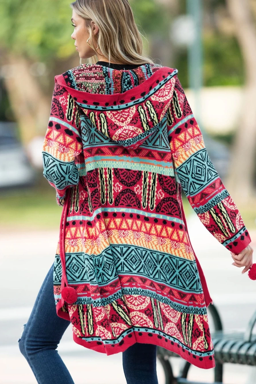 Women's Rose Geometric Pom Pom Tie Hooded Long Cardigan - Shewin