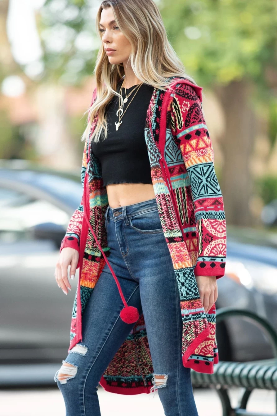 Women's Rose Geometric Pom Pom Tie Hooded Long Cardigan - Shewin
