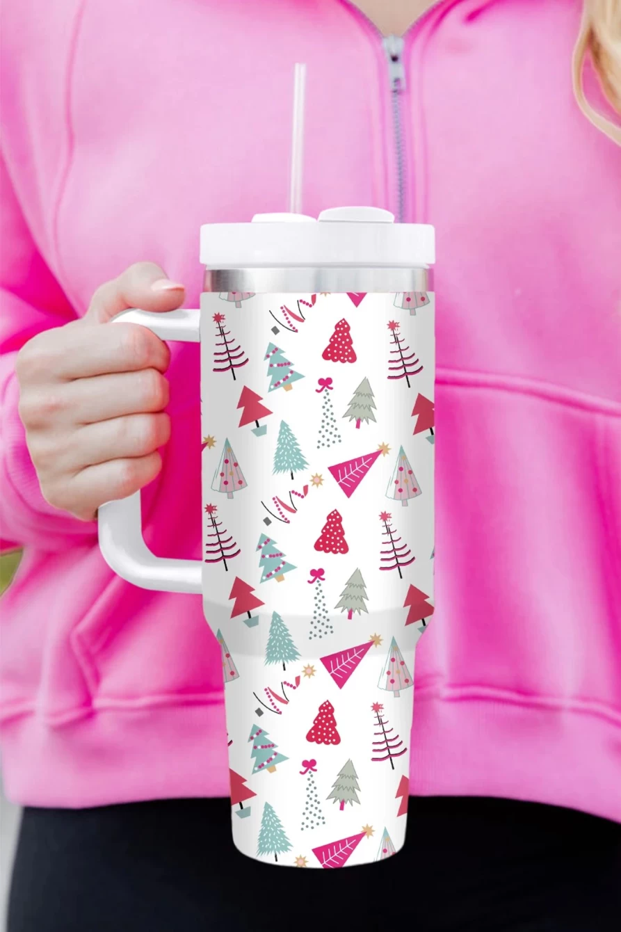 Shewin White Christmas Tree Thermos Cup for Women - Cute Cartoon Printed Insulated Travel Mug