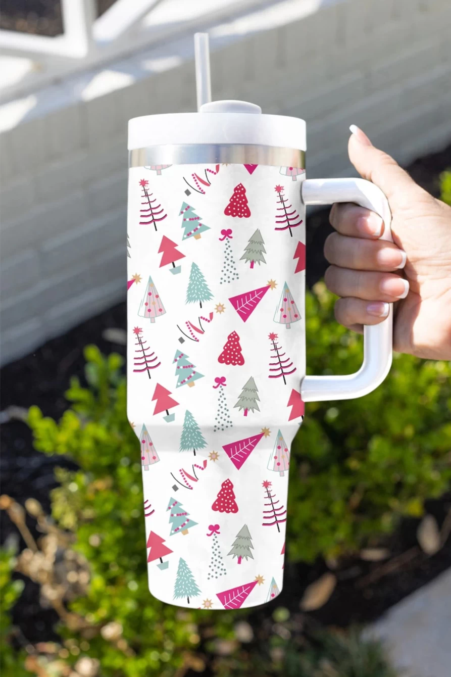 Shewin White Christmas Tree Thermos Cup for Women - Cute Cartoon Printed Insulated Travel Mug