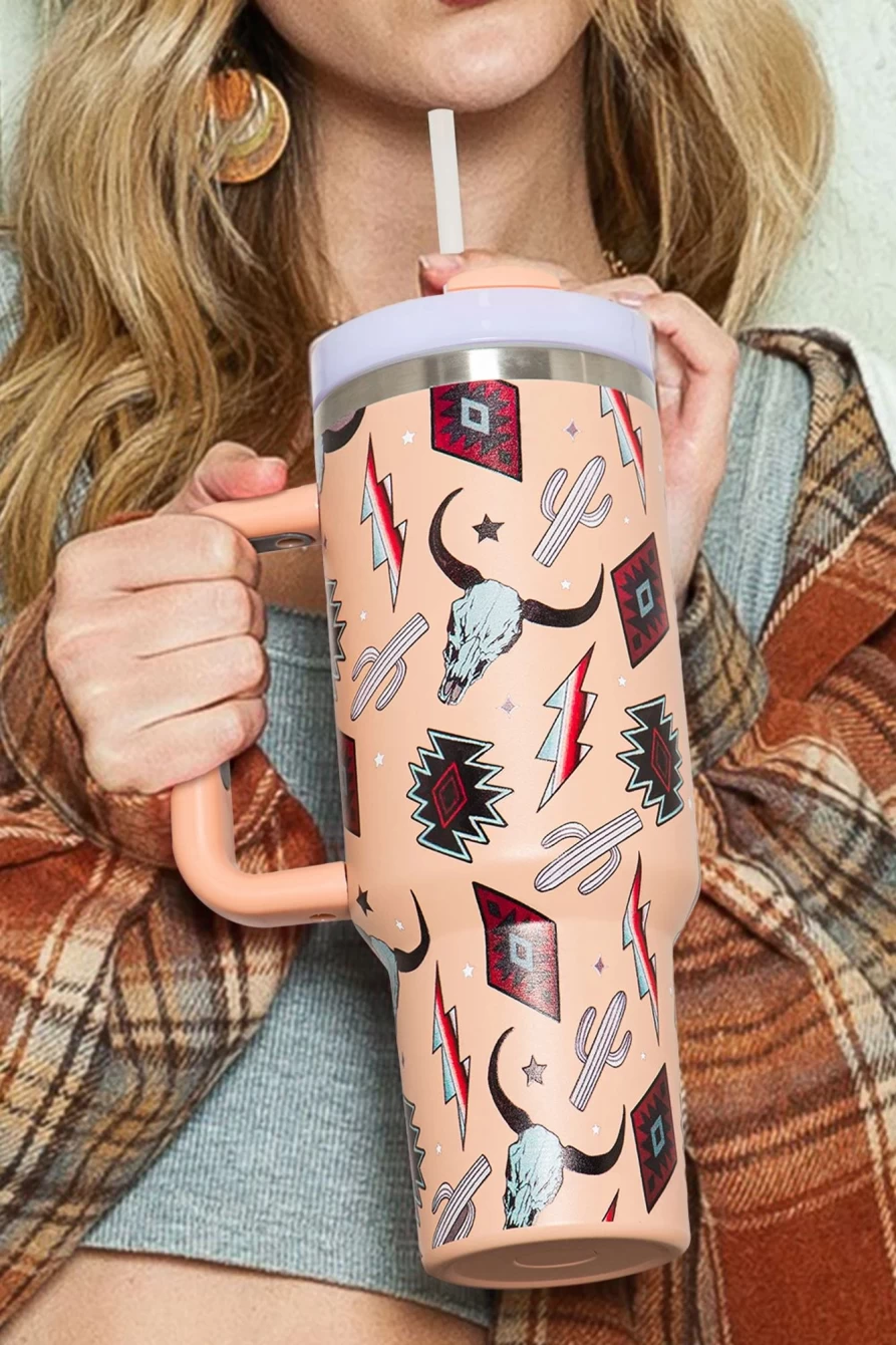 Shewin Women's Apricot Pink Stainless Steel Tumbler with Steer Head Mixed Print Design