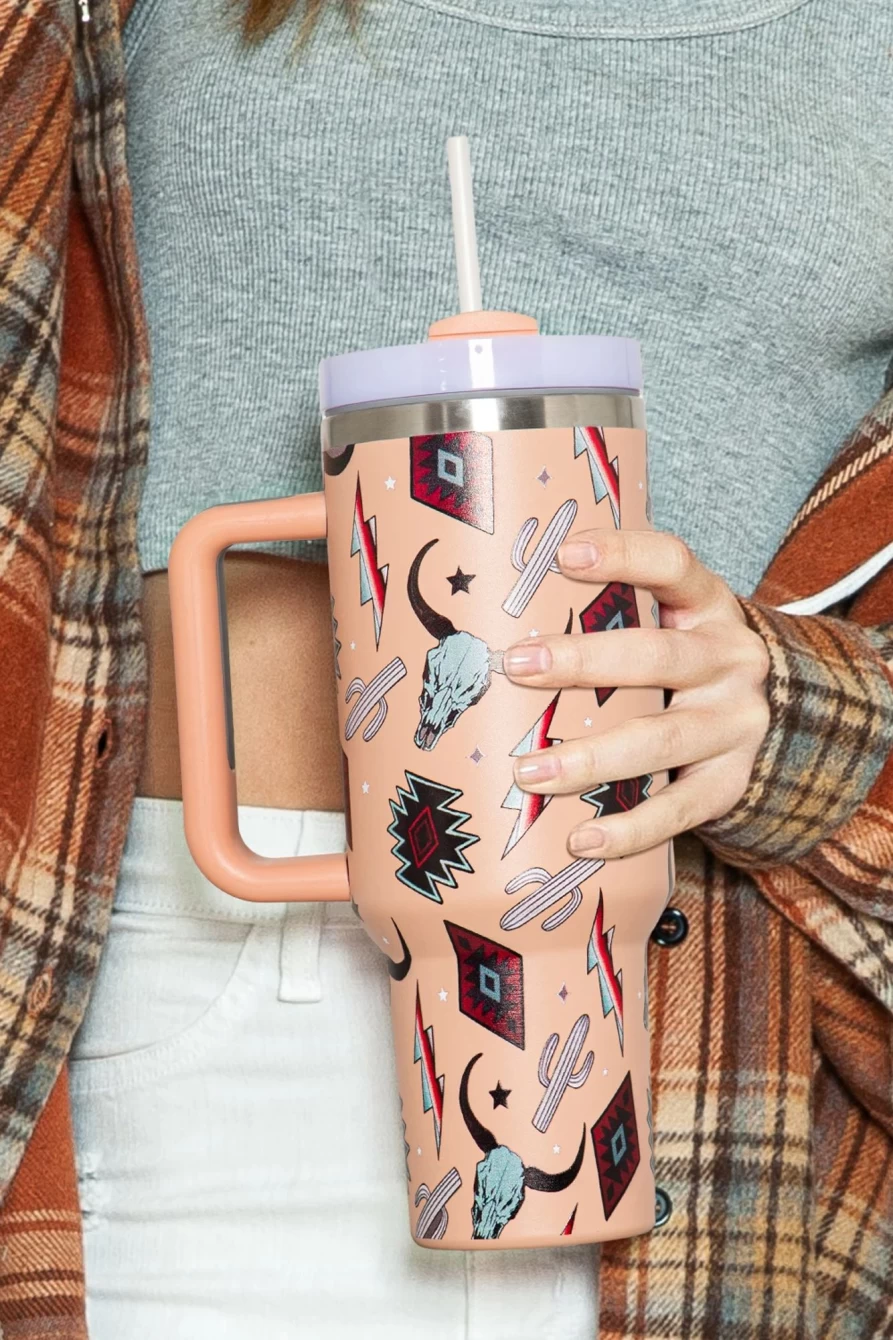 Shewin Women's Apricot Pink Stainless Steel Tumbler with Steer Head Mixed Print Design