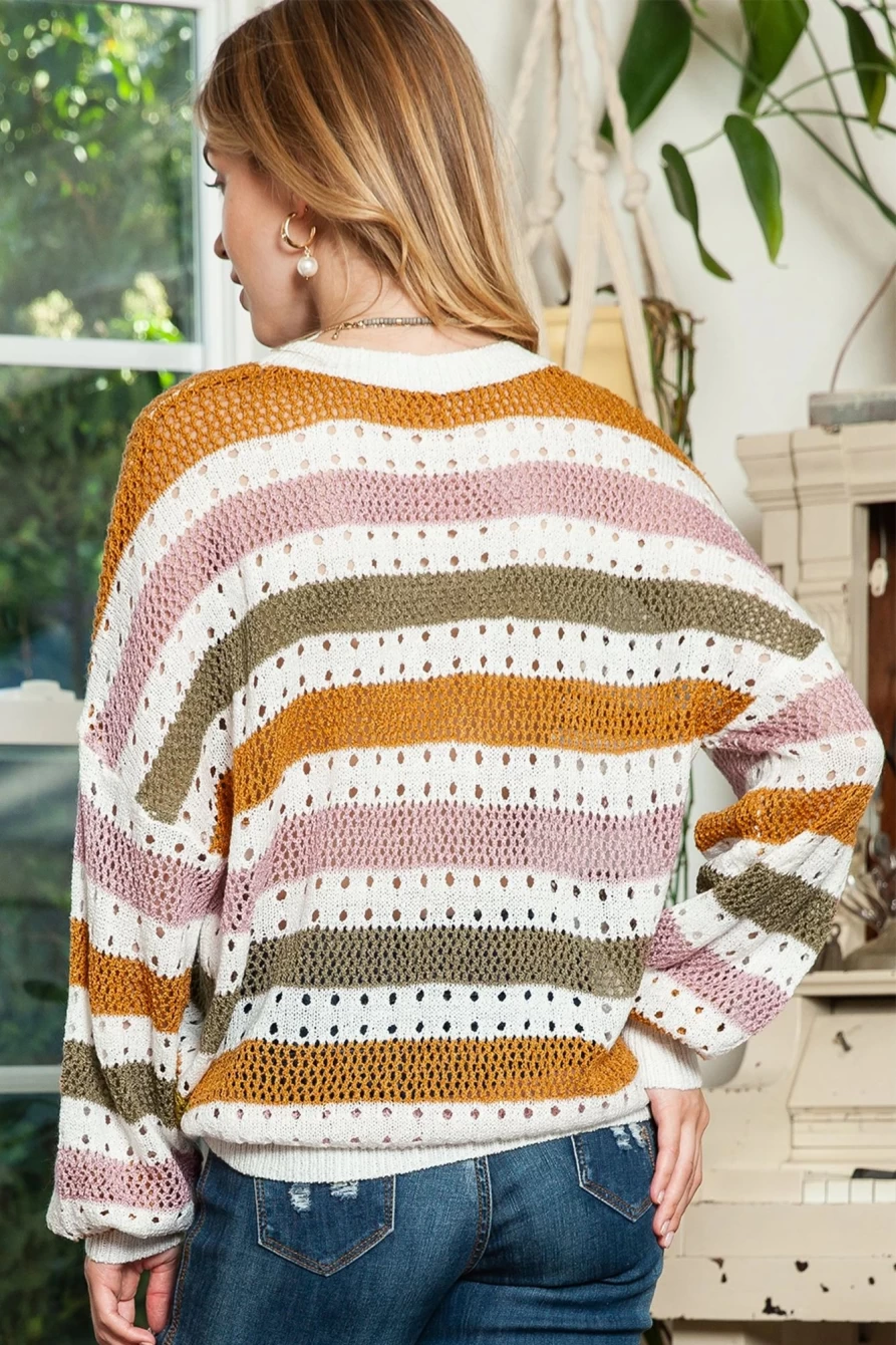 Shewin Women's Multicolor Striped Hollowed Knitted Loose Sweater