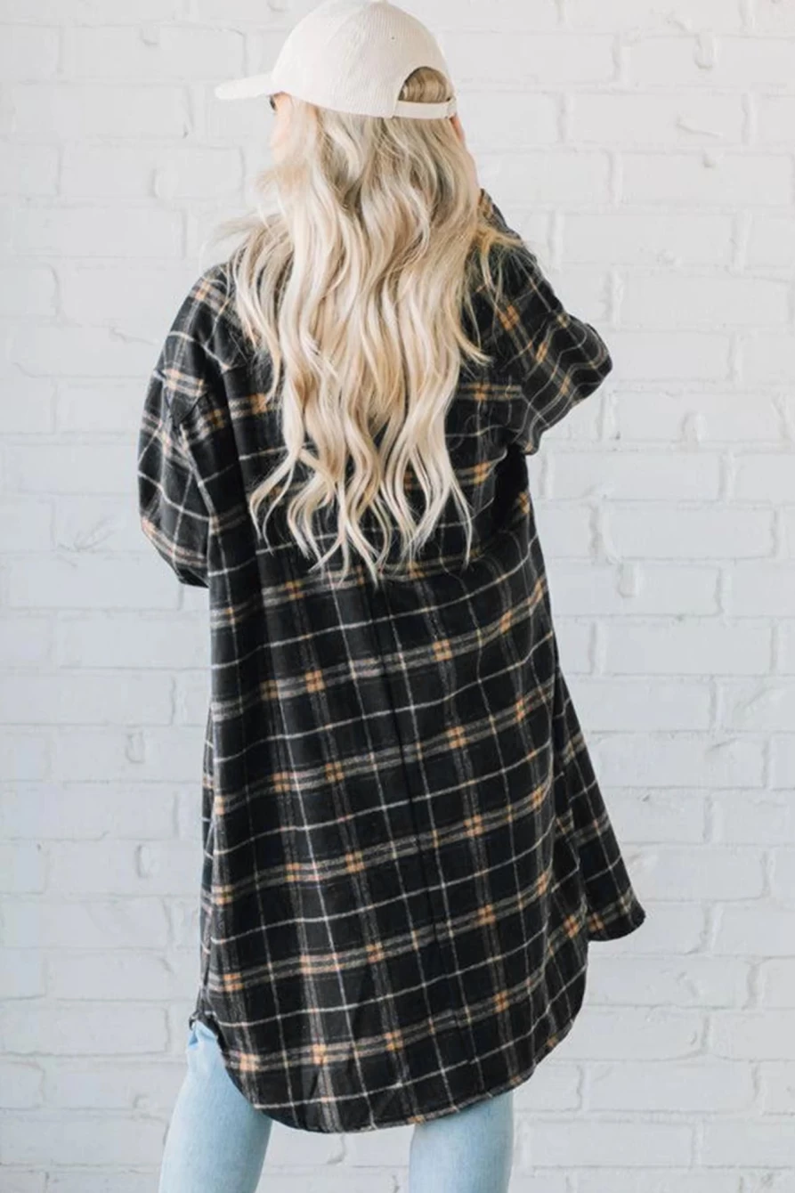 Women's Black Plaid Long Shacket with Button Front & Pockets - Shewin