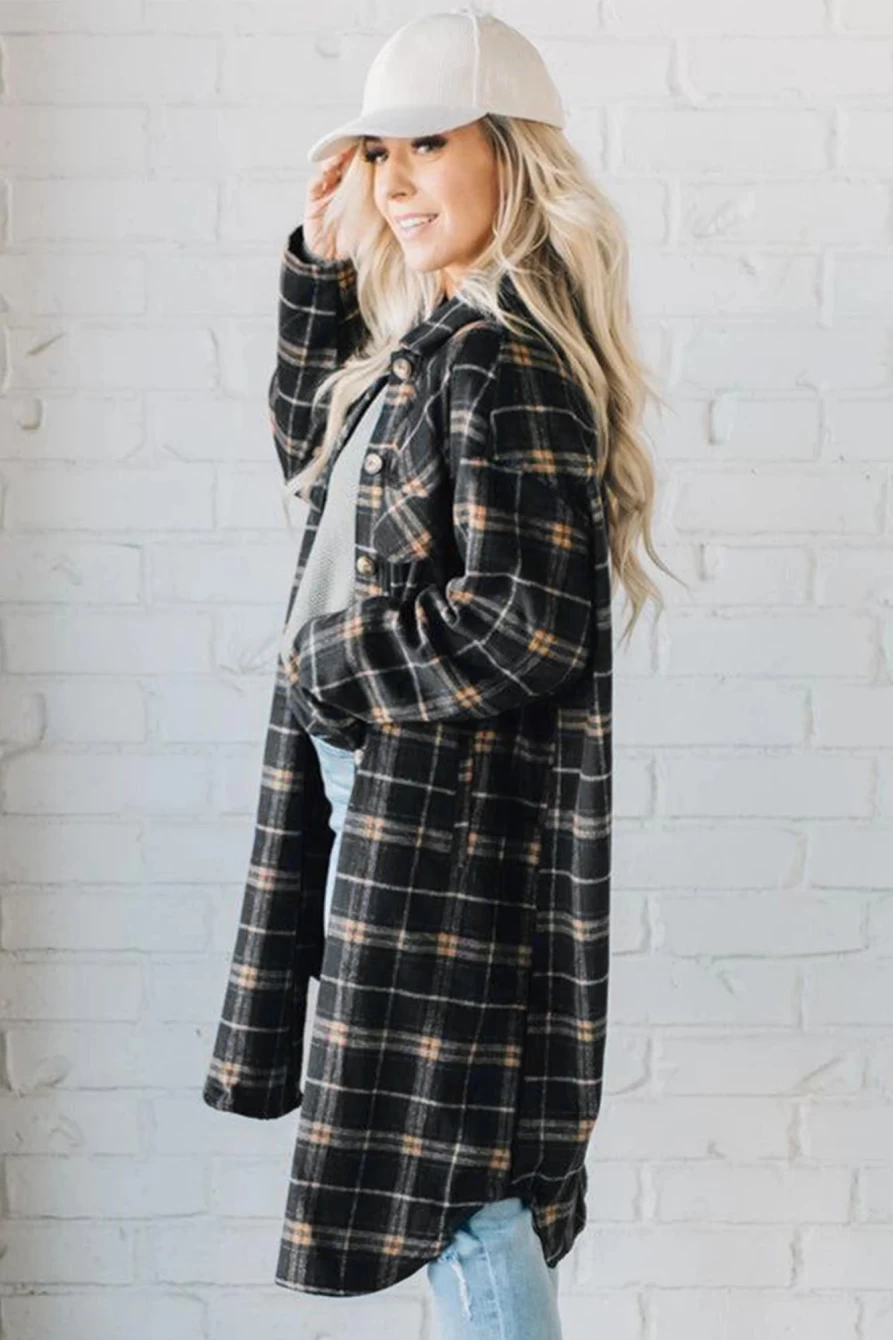 Women's Black Plaid Long Shacket with Button Front & Pockets - Shewin