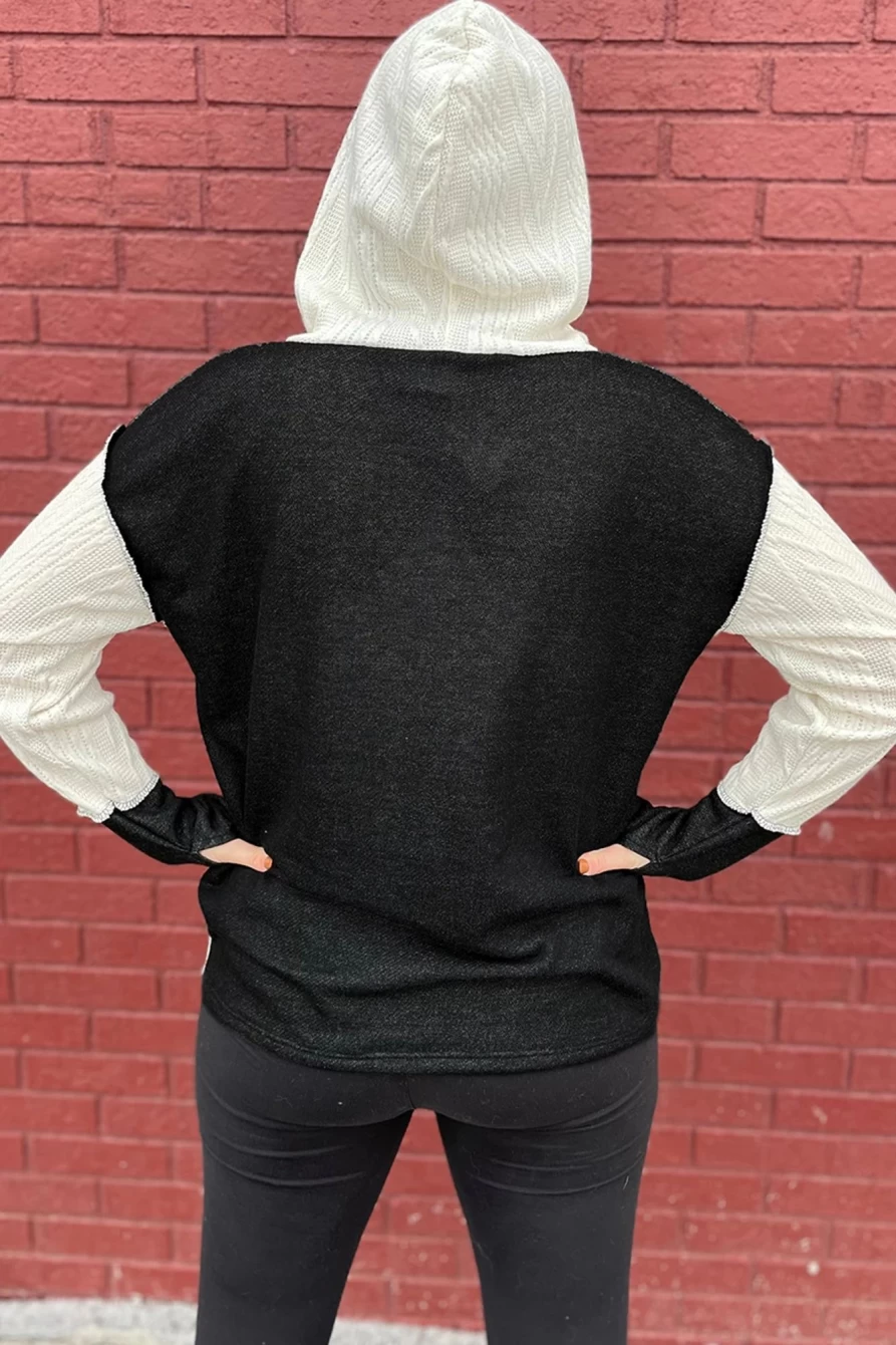 Shewin Women's Black Textured Patchwork Hoodie with Kangaroo Pocket Henley Neck