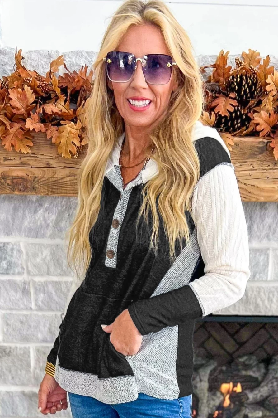 Shewin Women's Black Textured Patchwork Hoodie with Kangaroo Pocket Henley Neck