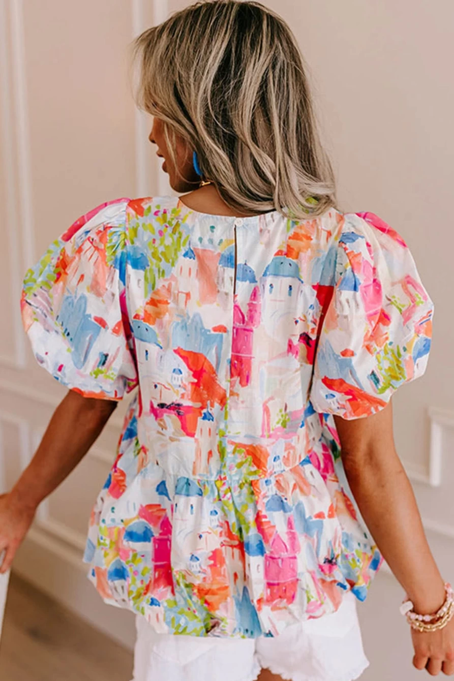 "SheWin Women's Sky Blue Abstract Print Puff Sleeve Babydoll Blouse"