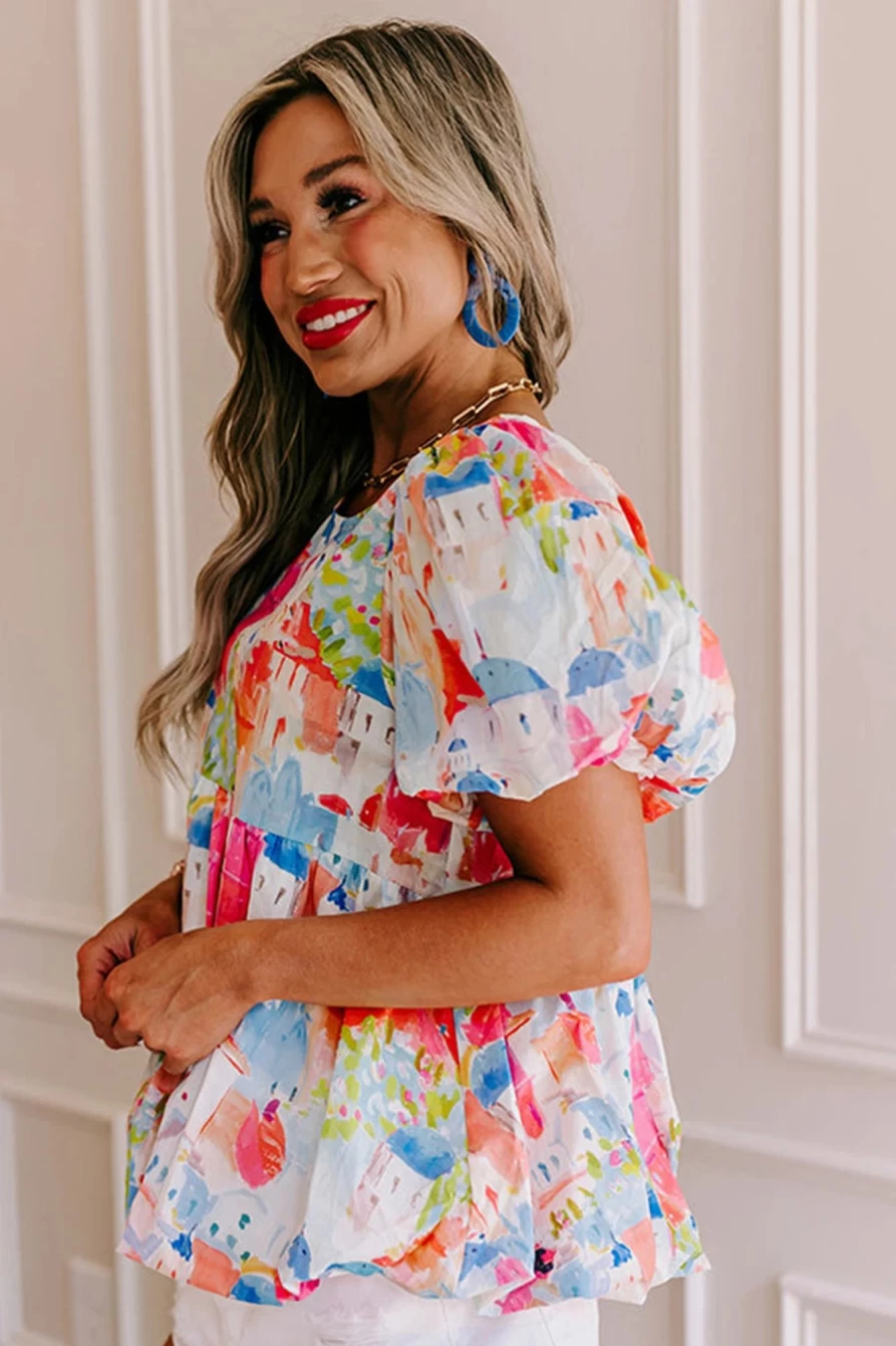 "SheWin Women's Sky Blue Abstract Print Puff Sleeve Babydoll Blouse"