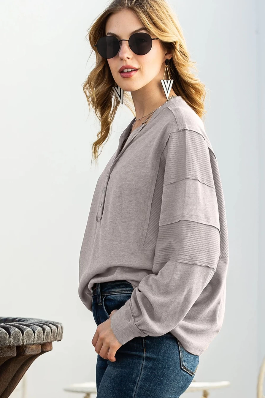 Shewin Women's Gray Waffle Henley Top with Patchwork Detail & Dolman Sleeves