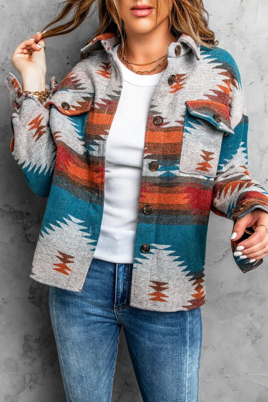 Shewin Women's Multicolor Aztec Print Jacket with Patch Pockets and Button Front
