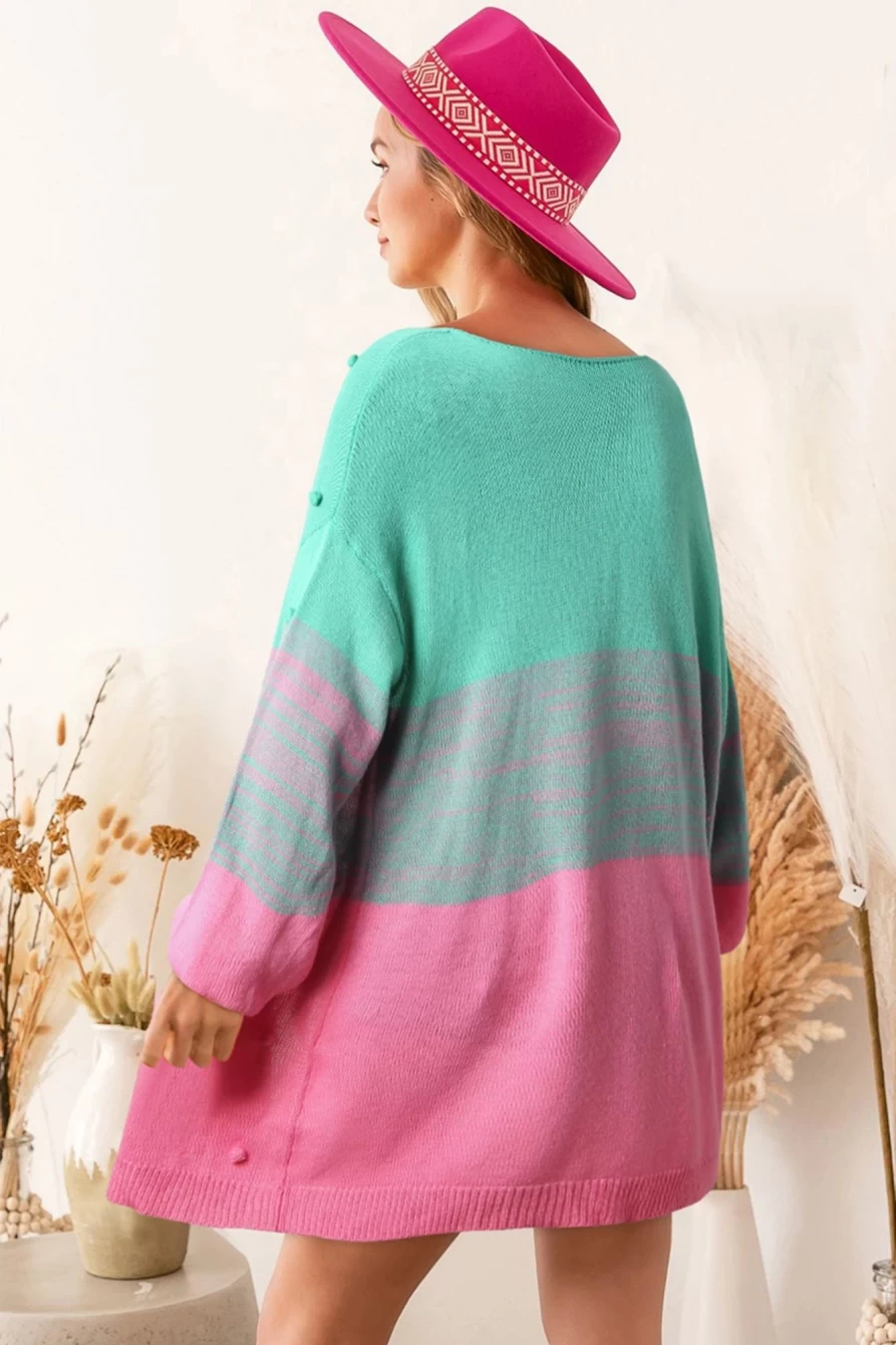 Shewin Women's Rose Pompom Color Block Knit Open Front Cardigan Sweater