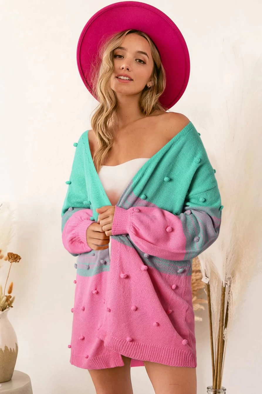 Shewin Women's Rose Pompom Color Block Knit Open Front Cardigan Sweater