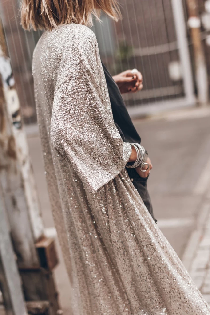 Women's Shewin Apricot Sequin 3/4 Sleeve Open Front Duster Cardigan