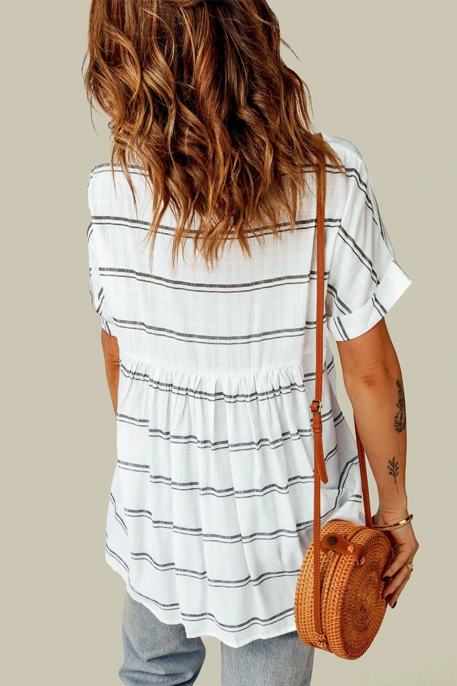 Shewin Women's Striped Casual Blouse with Back D Print and Side Split Detail