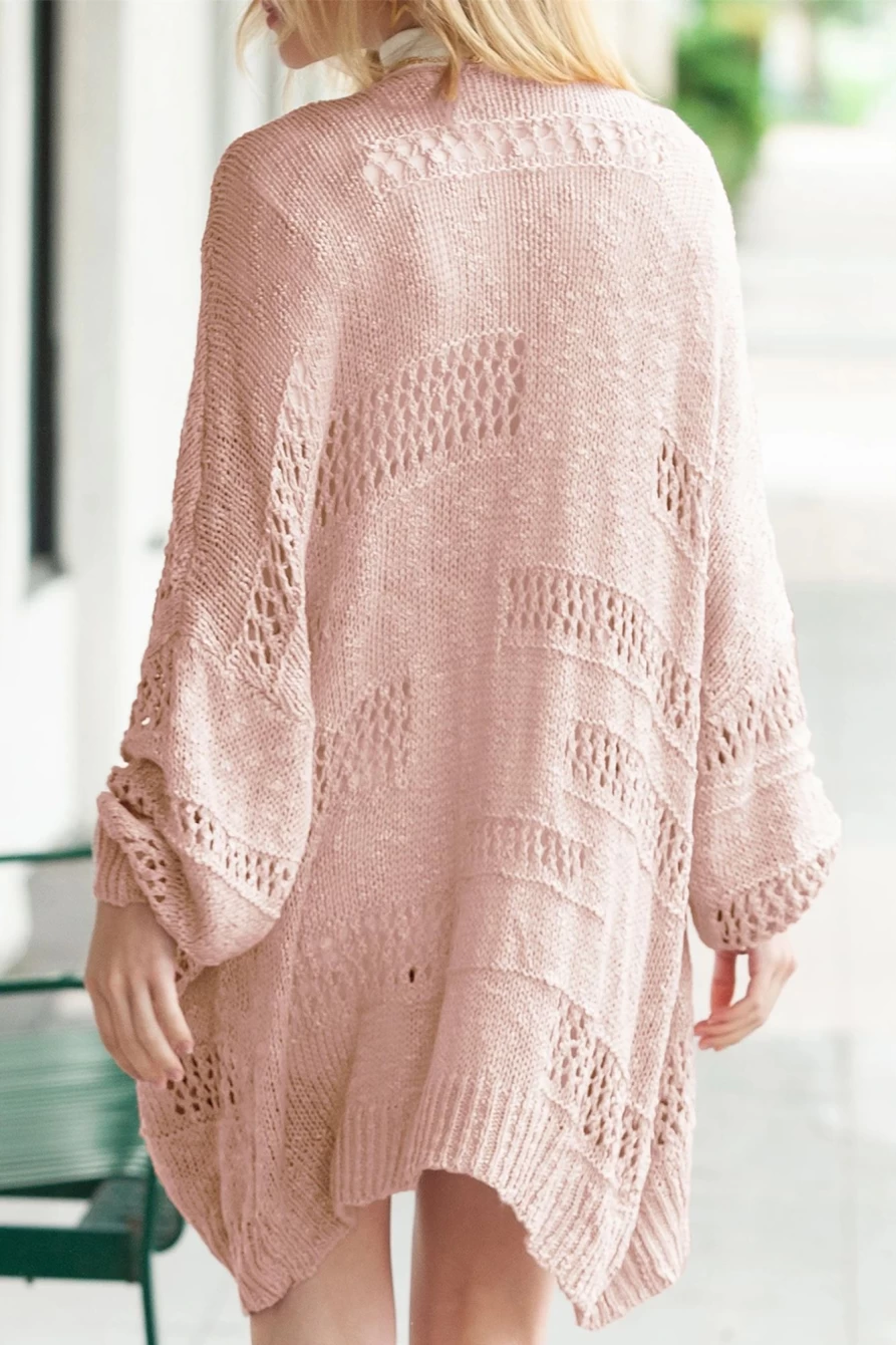 Shewin Women's Pink Casual Hollow-Out Knit Dolman Sleeve Cardigan Sweater