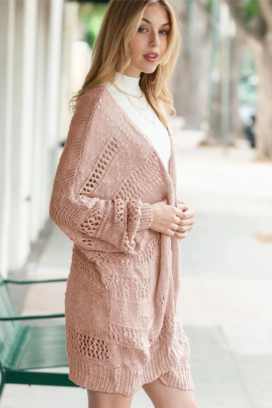 Shewin Women's Pink Casual Hollow-Out Knit Dolman Sleeve Cardigan Sweater