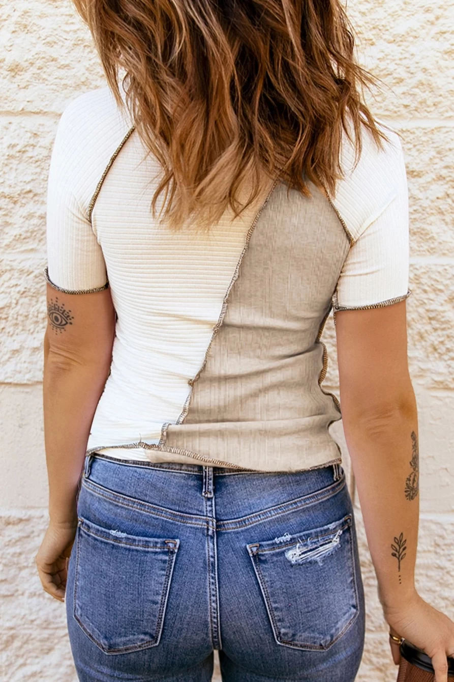 Shewin Women's White Colorblock Raglan Sleeve T-Shirt with Exposed Seam Detail