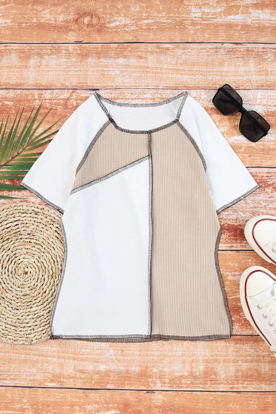 Shewin Women's White Colorblock Raglan Sleeve T-Shirt with Exposed Seam Detail
