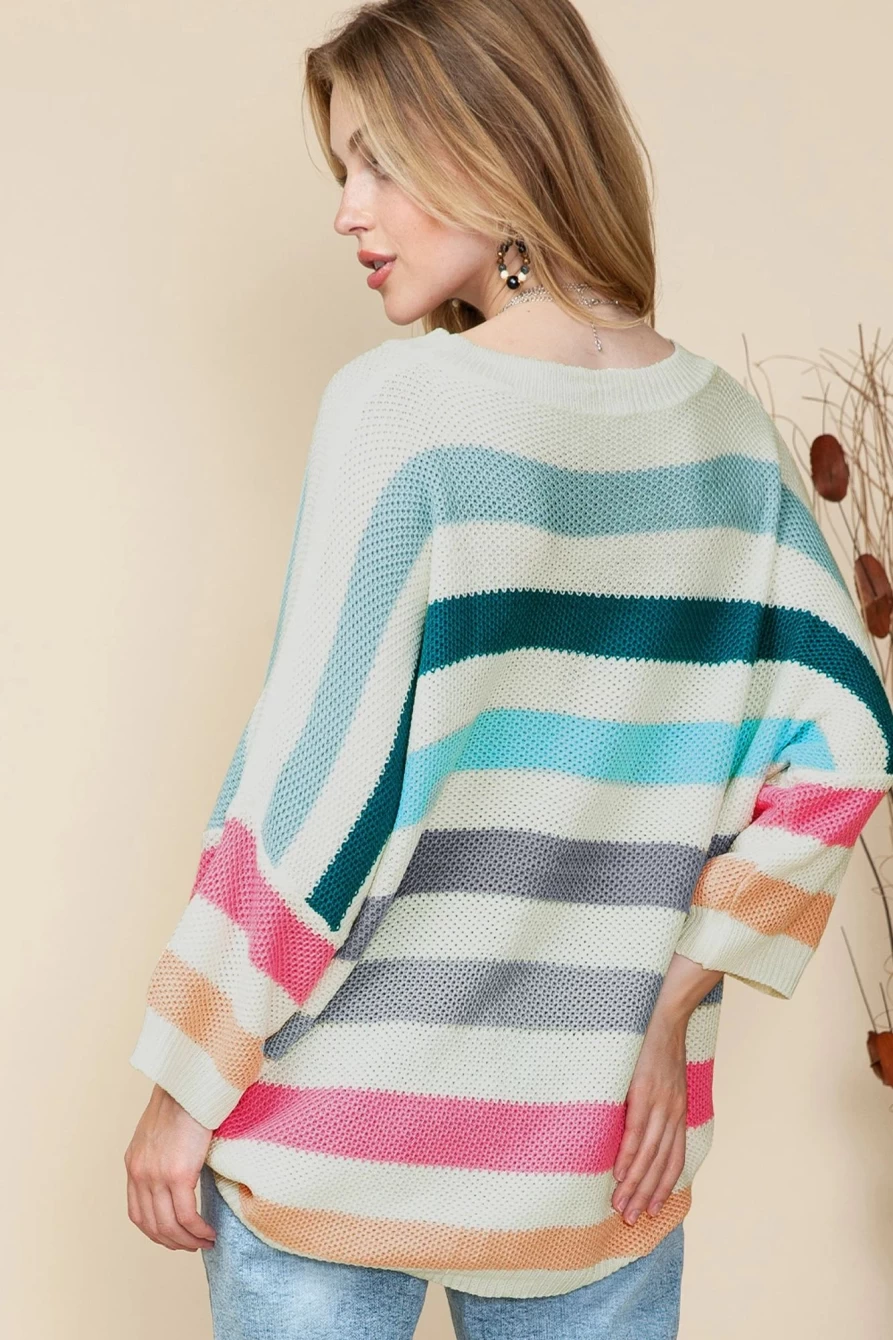 Shewin Women's Multicolor Striped Oversized Boat Neck Knit Sweater Pullover